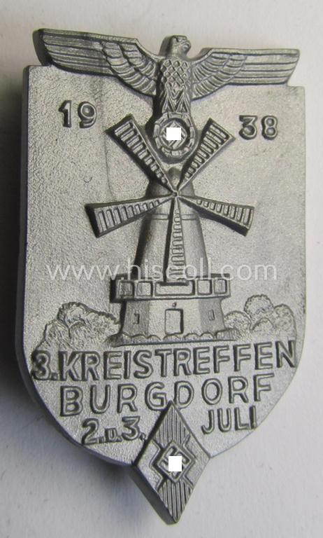 Commemorative - and scarcely seen! - silver-coloured 'HJ'-related 'tinnie' being a maker- (ie. 'R. Sieper & S.'-) marked example depicting a windmill and: 'HJ- Raute' surrounded by the text: '3. Kreistreffen - Burgdorf - 2. u.3. Juli 1938'