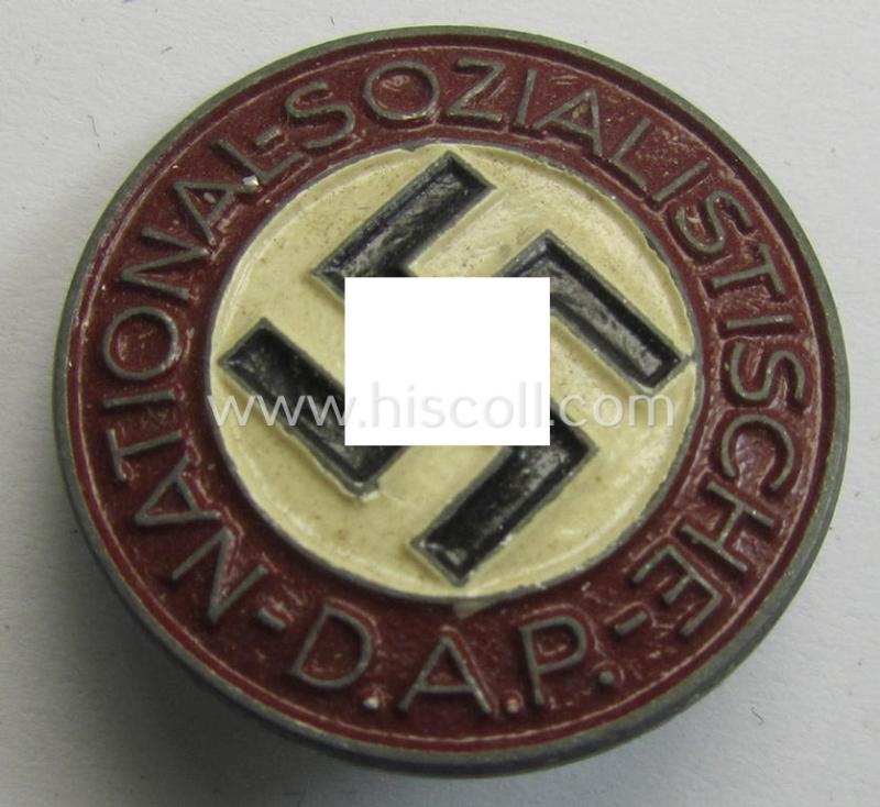 Non-enamelled (ie. painted/sprayed) red-coloured- and/or 'variant'-pattern 'N.S.D.A.P.' membership-pin- ie. party-badge (or: 'Parteiabzeichen') which is nicely maker-marked on the back with the makers'-designation: 'RzM' and/or: 'M1/146'