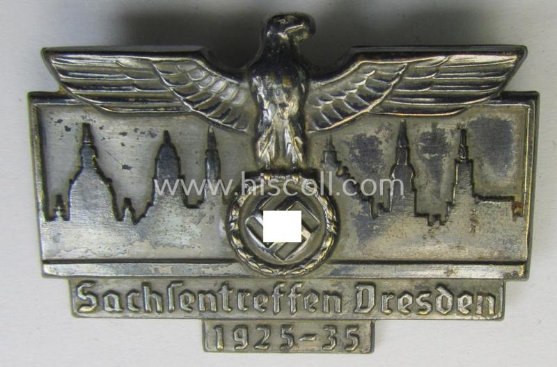 Commemorative, silver-toned and/or typical tin-based: 'N.S.D.A.P.'-related 'tinnie' being a detailed and non-maker-marked example showing the text: 'Sachsentreffen Dresden - 1925-35'