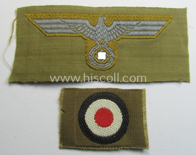 Superb, WH (Heeres) 'tropical-issue' (ie. DAK or: 'Deutsches Afrika Korps'-related-) side-cap-eagle and dito cocarde-set as executed in 'BeVo'-weave-pattern (both insignia-pieces coming in an overall very nice- ie. 'virtually mint' condition)