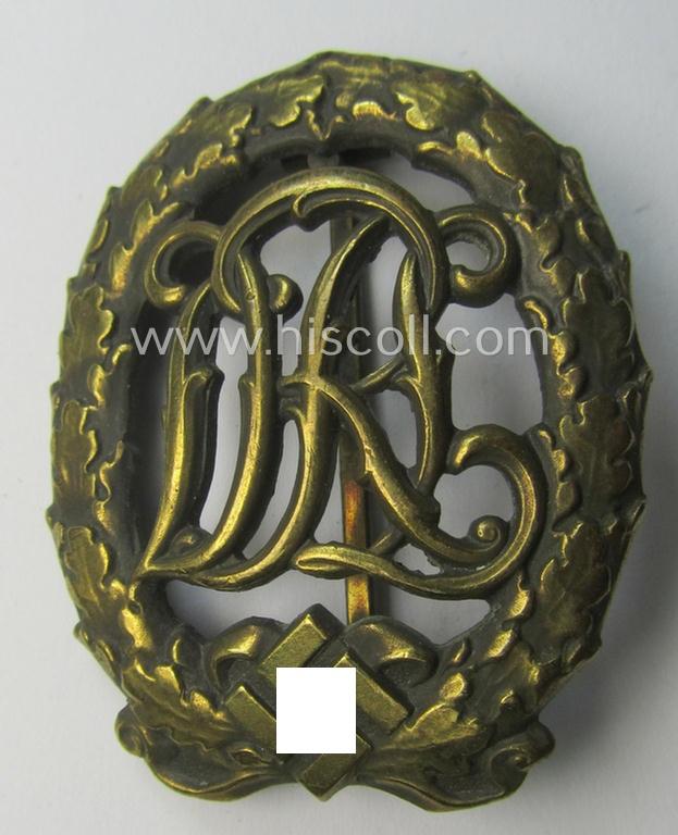 Attractive - and I deem just moderately worn- ie. used! - 'Reichssportabzeichen DRL in Bronze' (or: DRL sports'-badge in bronze) being an example that is nicely maker- (ie. 'Wernstein - Jena'-) marked on its back