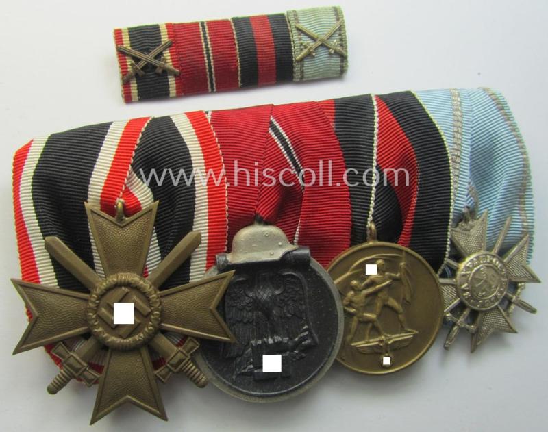 Superb, 4-pieced WWII-period, medal-bar-set (ie. 'Ordenspange u. Feld-/Bandspange-Satz') respectively showing a: 'KvK II.Kl. m. Schw.', an: Ost-medal, a: Czech 'Anschluss'-medal and a: Bulgarian medal: 'Za Hrabrost' (of the silver-class)