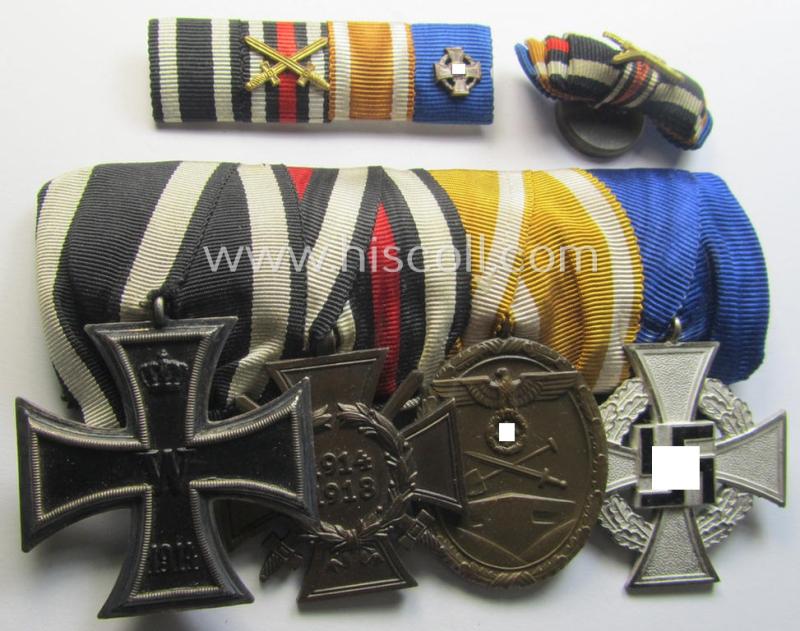 Superb, 4-pieced WWI- (ie. TR-) period, medal-bar-set (ie. 'Ordenspange u. Feld-/Bandspange-Satz') respectively showing an: 'EK II.Kl', an: 'FKK 1914-18 mit Schw.', a: 'Westwall'-medal and a: 'TD Ehrenzeichen 2. Kl.'