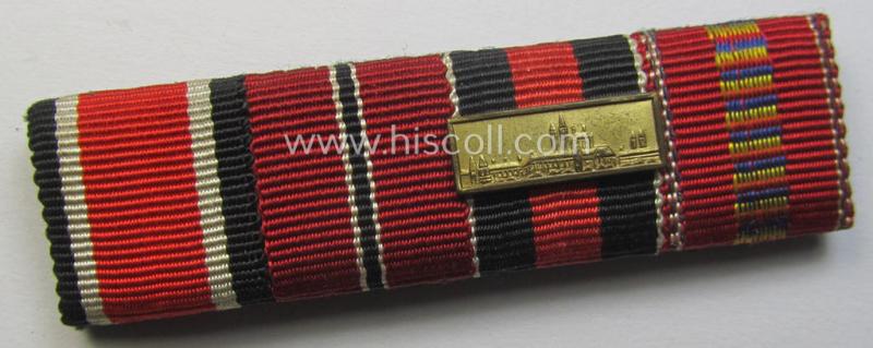 Attractive, 4-pieced, WWII-period ribbon-bar (ie. 'Feld- o. Bandspange') showing the ribbons for an: 'EK II.Kl.', an 'Ost'-medal, a Czech 'Anschluss'-medal with attached 'PB'-Spange and a Romanian-medal