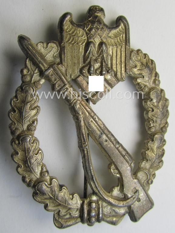 Attractive, 'Infanterie Sturmabzeichen in Silber' (or: silver-class infantry-assault-badge ie. IAB) being a non-maker-marked, so-called: 'solid-back- ie. copper-coated'-example as was (I deem) produced by the: 'R.A. Karneth u. Söhne'-company