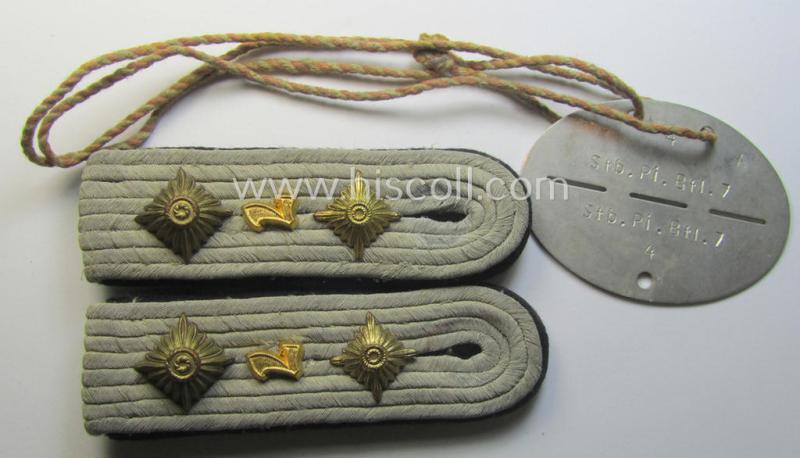 Attractive - and fully matching! - WH (Heeres) officers'-insignia-set (comprising of a pair of shoulderboards and ID-disc!) as was intended for usage by a: 'Hauptmann und Mitglied des Stabes des Pionier-Batallions 7'