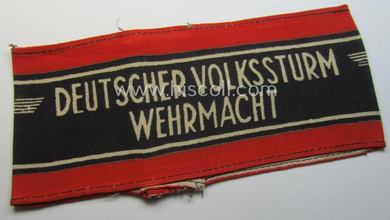 Superb, typically printed- and/or later-war-period, bright-red- and/or black-coloured so-called: 'Deutscher Volkssturm'-armband (ie. 'Armbinde') that comes in an overall very nice- (I deem truly used- and/or worn-), condition