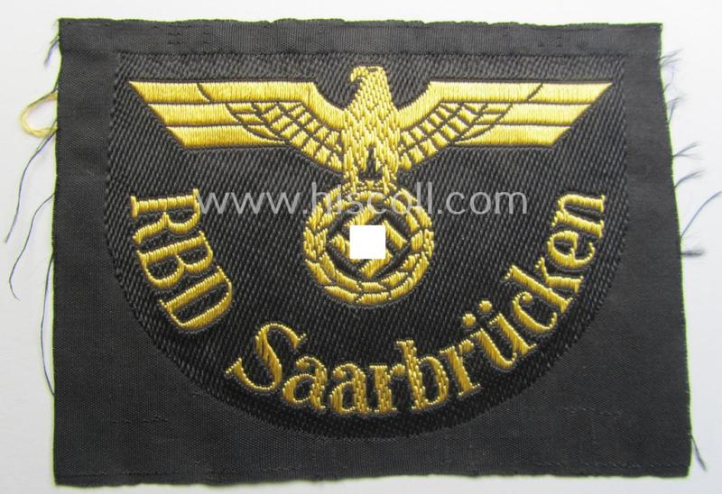 Neat, RB- ('Reichsbahn'-) related arm-eagle as executed in 'BeVo'-weave style as was intended for an official of the: 'Deutsche Reichsbahn' ie. the 'RBD Saarbrücken' (or: 'Reichsbahndirektion Saarbrücken')
