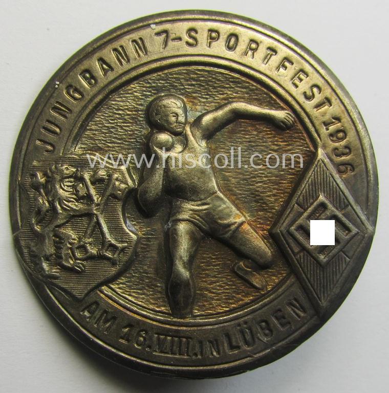 Superb - and unusually found! - golden-bronze-toned, HJ- (ie. DJ-) related 'tinnie' (ie. 'Tagungs- o. Veranstaltungsabzeichen') showing a sportsman and text that reads: 'Jungbann 7 - Sportfest 1936 am 16. VIII in Lüben'