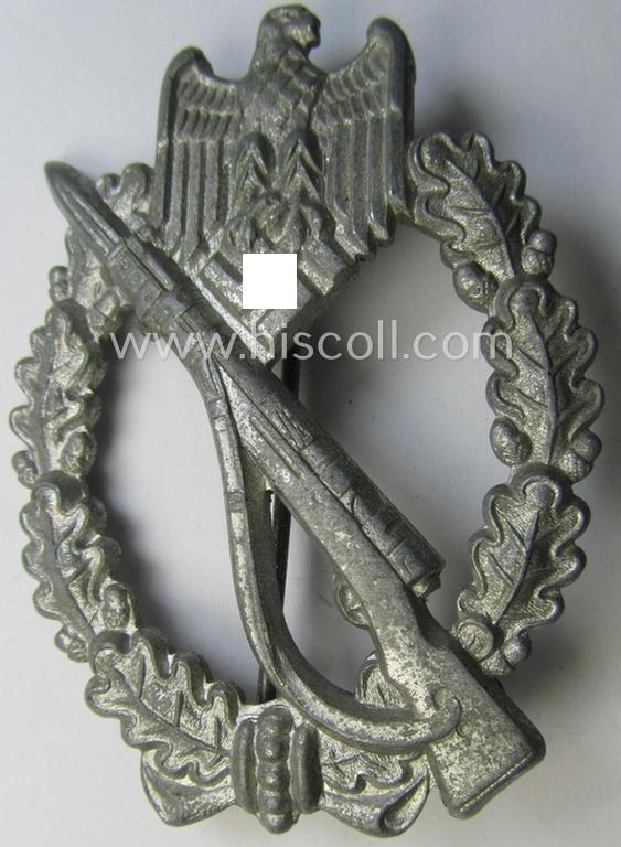 Superb, 'Infanterie Sturmabzeichen in Silber' (or: silver infantry assault badge ie. IAB), being a nicely maker- (ie. 'L/61'-) marked example as executed in zinc-based metal (ie. 'Feinzink') as was produced by the: 'Friedrich Linden'-company
