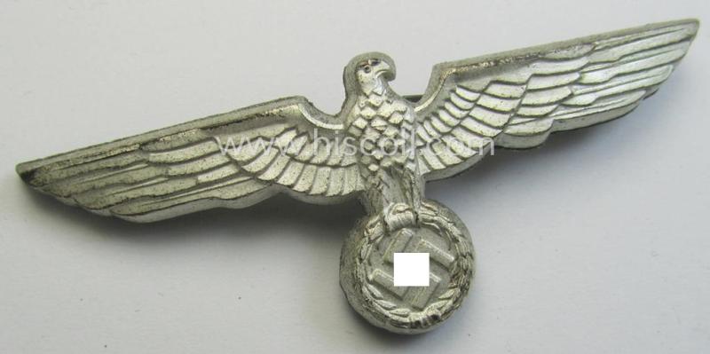 Superb, WH (Heeres) bright-silver-toned (ie. 'Cupal'-based), EM- (ie. NCO- or officers') type visor-cap-eagle being a non-maker-marked example that comes in a just minimally used- ie. once cap-attached, condition