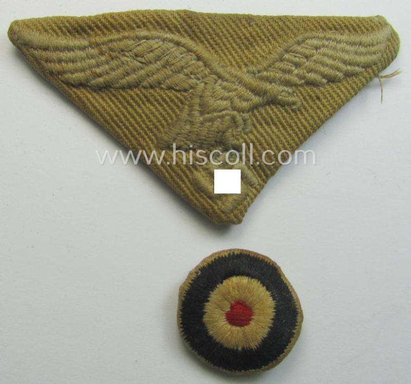 Superb - clearly used and/or cap-removed! - WH (Luftwaffe) 'tropical-issued' cap-eagle and cocarde-set as was specifically intended for usage onto the tropical-styled LW side-caps (ie. 'Schiffchen')
