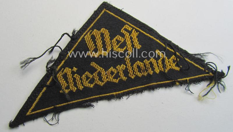 Superb - and actually rarely encountered! - 'HJ' (ie. 'Hitlerjugend') district-triangle (ie. 'Gebietsdreieck') entitled: 'West Niederlande' (being a truly used and/or carefully tunic-removed example that is void of its paper-based 'RzM'-etiket)