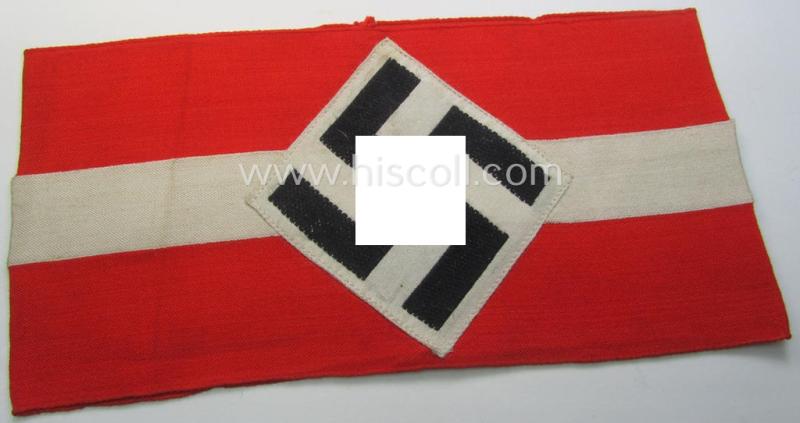 Superb - and scarcely found! - 'standard'- (ie. entirely woven) pattern, bright-red-coloured HJ- (ie. 'Hitlerjugend'-) related armband (ie. 'Armbinde') being a never worn- nor used example that still retains its 'RzM'-etiket
