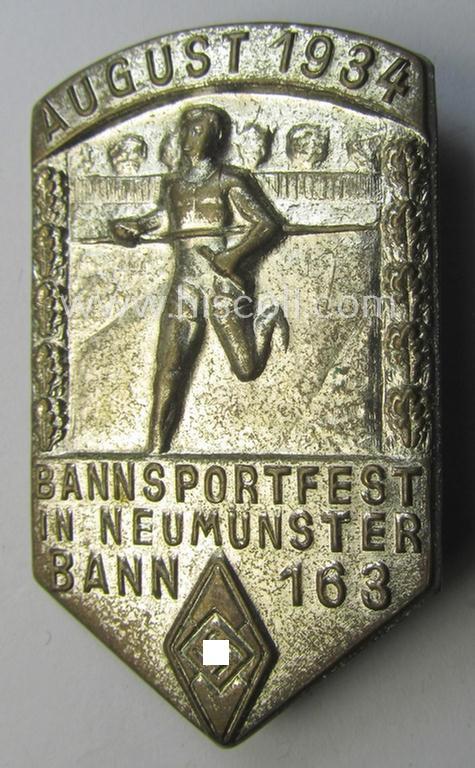 Attractive - and unusually found! - silverish-toned, HJ- (ie. DJ-) related 'tinnie' (ie. 'Tagungs- o. Veranstaltungsabzeichen') showing a sportsman and text that reads: 'Bannsportfest in Neumünster - Bann 163 - August 1934'