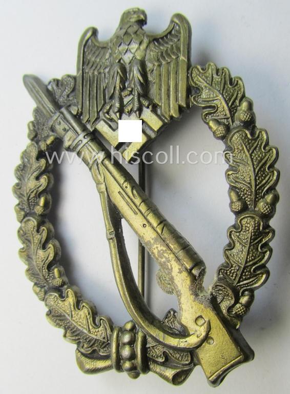 Superb, 'Infanterie Sturmabzeichen in Bronze' (or: bronze-class infantry-assault-badge ie. IAB) being a non-maker-marked, so-called: 'semi-hollow-back'-example as was (I deem) produced by the: 'R.A. Karneth u. Söhne'-company