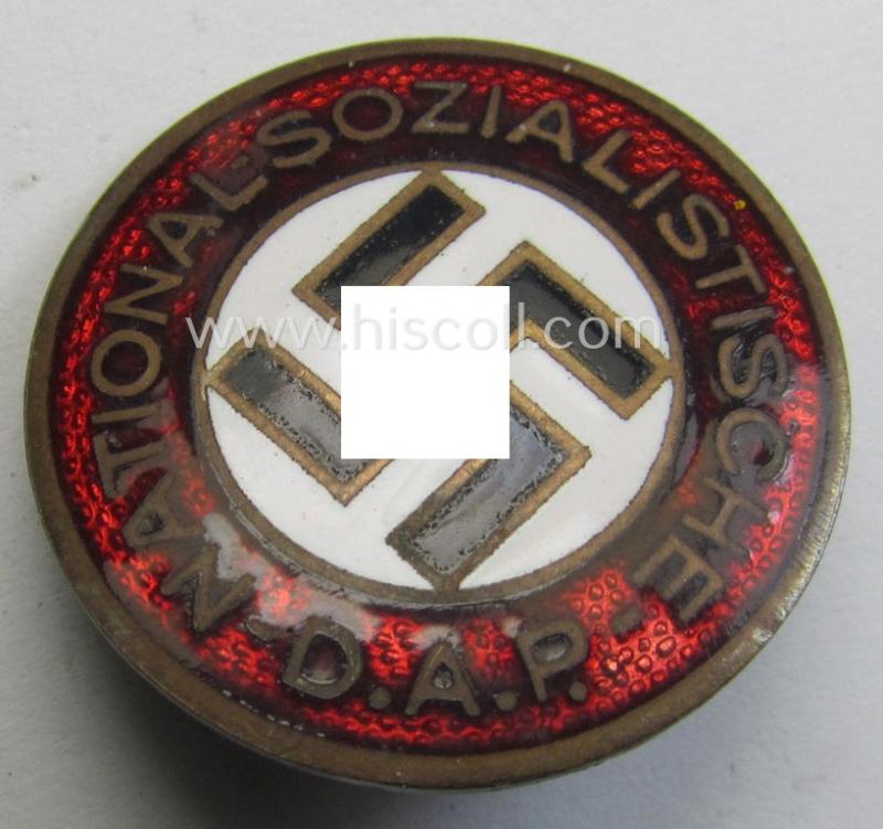 Attractive - early-period, bright-red-coloured and nicely preserved! - 'N.S.D.A.P.'-membership-pin- ie. party-badge (or: 'Parteiabzeichen') which is maker-marked on its back with just a: 'Ges.Gesch.'-patent-pending-designation