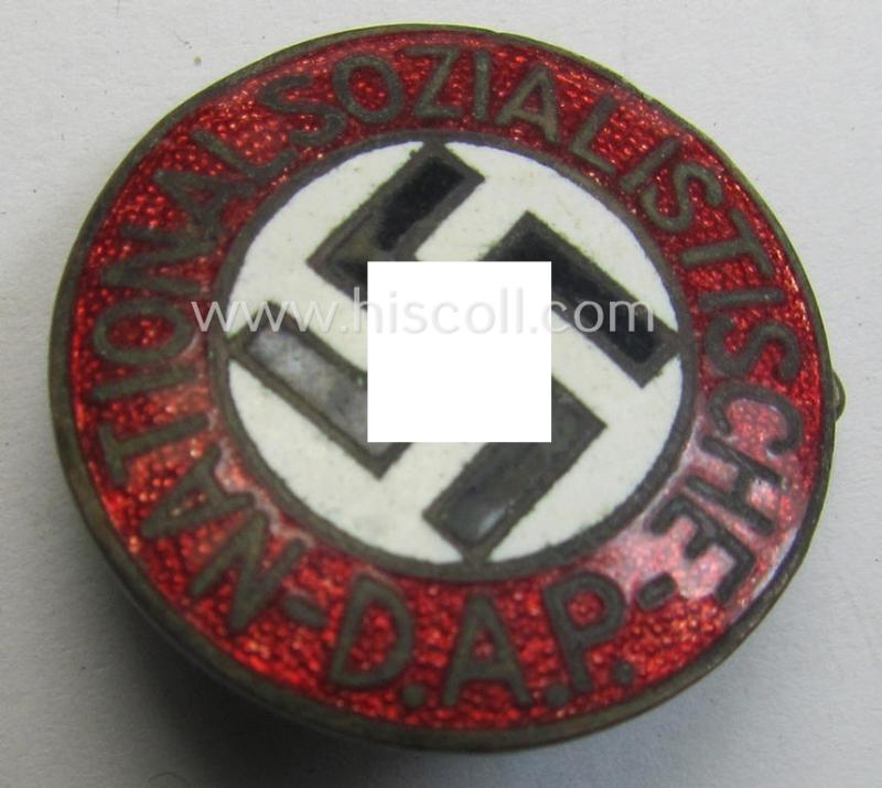 Attractive - early-period, bright-red-coloured and nicely preserved! - 'N.S.D.A.P.'-membership-pin- ie. party-badge (or: 'Parteiabzeichen') which is maker-marked on its back with an unusally seen 'OS'-makers'-designation
