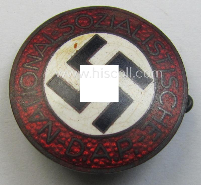 Neat - bright-red-coloured and nicely preserved! - 'N.S.D.A.P.'-membership-pin- ie. party-badge (or: 'Parteiabzeichen') which is maker-marked on its back with the makers'-designation: 'RzM' and/or: 'M1/72'
