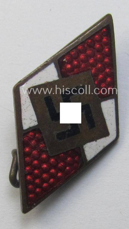 Moderately worn, HJ (ie. 'Hitlerjugend') enamelled lapel-pin (ie.: 'Raute') being a bright-red-coloured- and/or detailed - and non-cleaned and untouched! - example showing an: 'RzM - 29'-makers'-designation