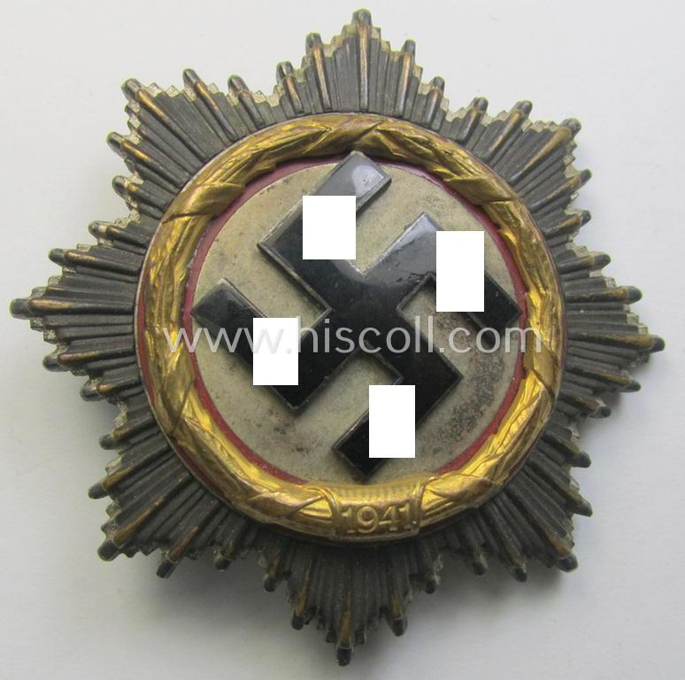 Superb - and just moderately used! - maker- (ie. '1'-) marked example of WH (Heeres, Luftwaffe etc.) 'Deutsches Kreuz im Gold' (or DKiG ie. German Cross in gold) being an untouched specimen that was produced by the: 'Deschler u. Sohn'-company