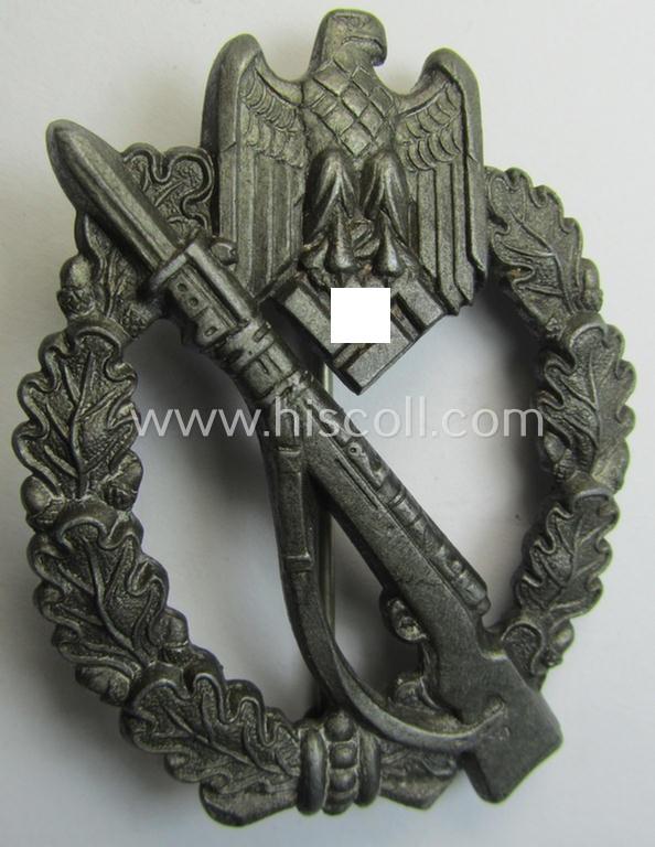 Attractive - and detailed! - 'Infanterie Sturmabzeichen in Bronze' (or: bronze-class infantry assault-badge ie. IAB) being a maker- (ie. 'S.H.u.C.o. 41'-) marked example as executed in bronze-toned, zinc-based metal (ie. 'Feinzink')