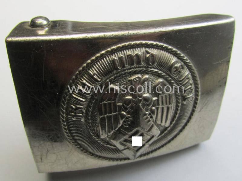 Attractive, HJ (ie. 'Hitlerjugend') bright-silver-coloured- (ie. nickle-chrome-based and early-pattern) belt-buckle being a neatly maker- (ie. 'RzM M4/46'-) marked example that comes in a just moderately used- ie. worn, condition