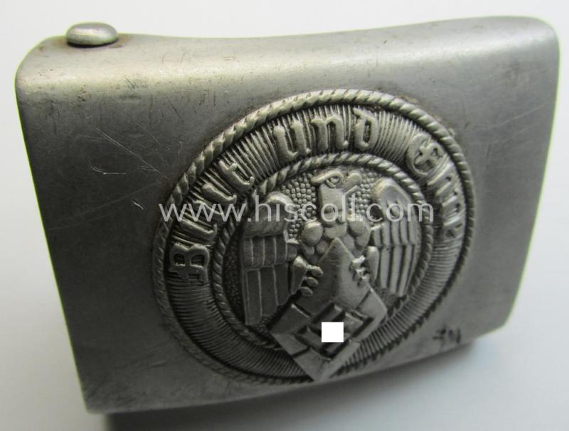 Attractive, HJ (ie. 'Hitlerjugend') matted silver-coloured- (ie. aluminium-based- and/or 'molded'-pattern) belt-buckle being a neatly maker- (ie. 'RzM M4/46'-) marked example that comes in a just moderately used- ie. worn, condition