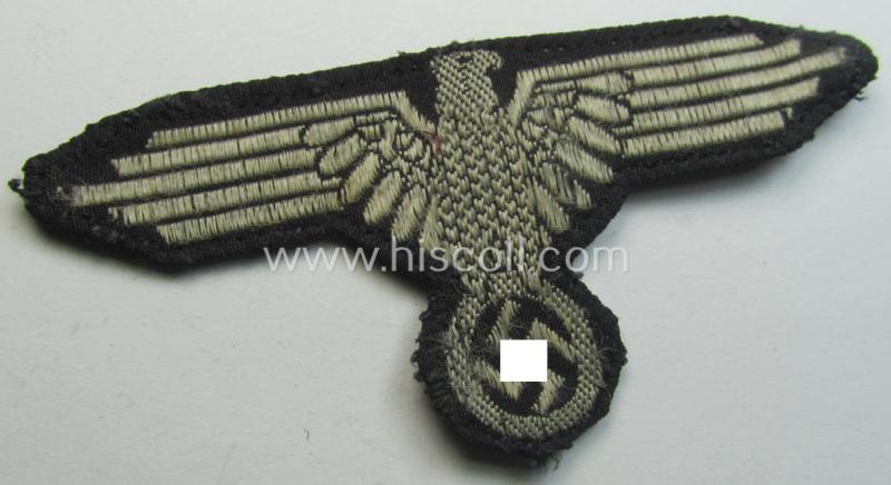 Superb - truly used- and/or worn! - mid- (ie. later-war-) pattern 'SS' (ie. 'Waffen-SS') so-called: 'BeVo-weave'-style, EM- (ie. NCO-) pattern arm-eagle (ie. 'Ärmeladler für Manns. u. Unterführer') as was produced by the Belgian 'Reitz'-company