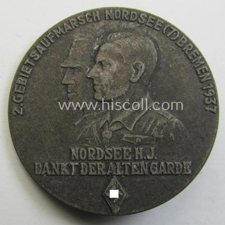 Commemorative, 'HJ'-related 'tinnie' being a maker- (ie. 'W. Jäger'-) marked example depicting the text: '2. Gebietsaufmarsch - Nordsee (7) Bremen - 1937 - Nordsee H.J. Dankt der alten Garde'