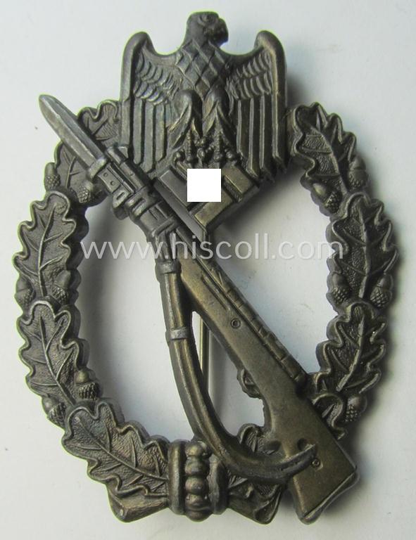 Superb - and hardly worn! - 'Infanterie Sturmabzeichen in Bronze' being a clearly maker- (ie. 'AS' in a triangle-) marked- and/or typical zinc- (ie. 'Feinzink'-) based specimen as was procuced by a to date unknown maker