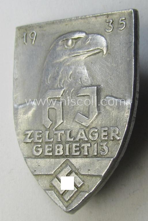 Neat - and scarcely encountered! - HJ o. DJ- (ie. 'Hitlerjugend o. Deutsches Jungvolk') related 'tinnie' being a maker- (ie. 'E.F. Wiedmann - Frankfurt'-) marked example showing the text: 'HJ-Zeltlager - Gebiet 13 - 1935'