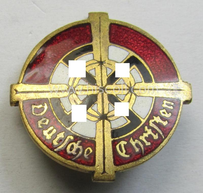 Neatly enamelled 'RDC'- (ie. 'Reichsbewegung Deutsche Christen'-) 'Mitgliedsabzeichen' (or: membership lapel-pin of the first pattern) that is maker- (ie. 'Willi Merten'-) marked and bearing a patent-pending- (ie. 'Ges.Gesch.'-) designation