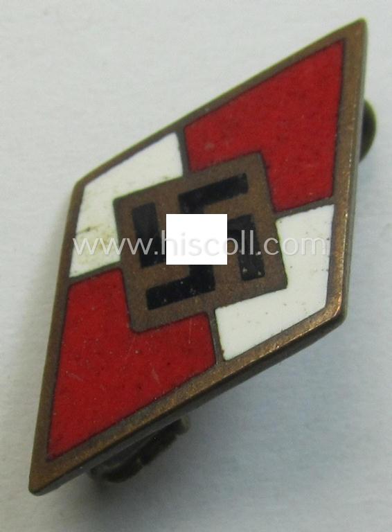 Attractive - and just moderately worn! - HJ (ie. 'Hitlerjugend') enamelled lapel-pin (ie.: 'Raute') being a bright-red-coloured- and/or detailed - and non-cleaned and untouched! - example showing an: 'RzM M1/14'-makers'-designation