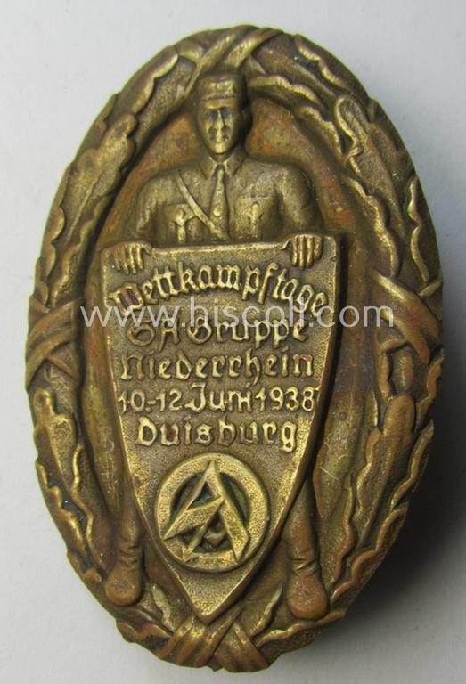 Neat, golden-bronze-toned- and/or copper-based, SA-related day-badge (ie. 'tinnie' or: 'Veranstaltungsabzeichen') as was issued to commemorate the: 'Wettkampftage SA-Gruppe Niederrhein - 10.-12. Juni 1938 - Duisburg'