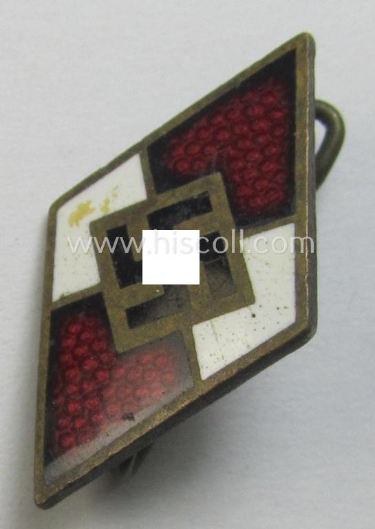 Moderately worn, HJ (ie. 'Hitlerjugend') enamelled lapel-pin (ie.: 'Raute') being a bright-red-coloured- and/or detailed - and non-cleaned and untouched! - example showing an: 'RzM - M1/163'-makers'-designation