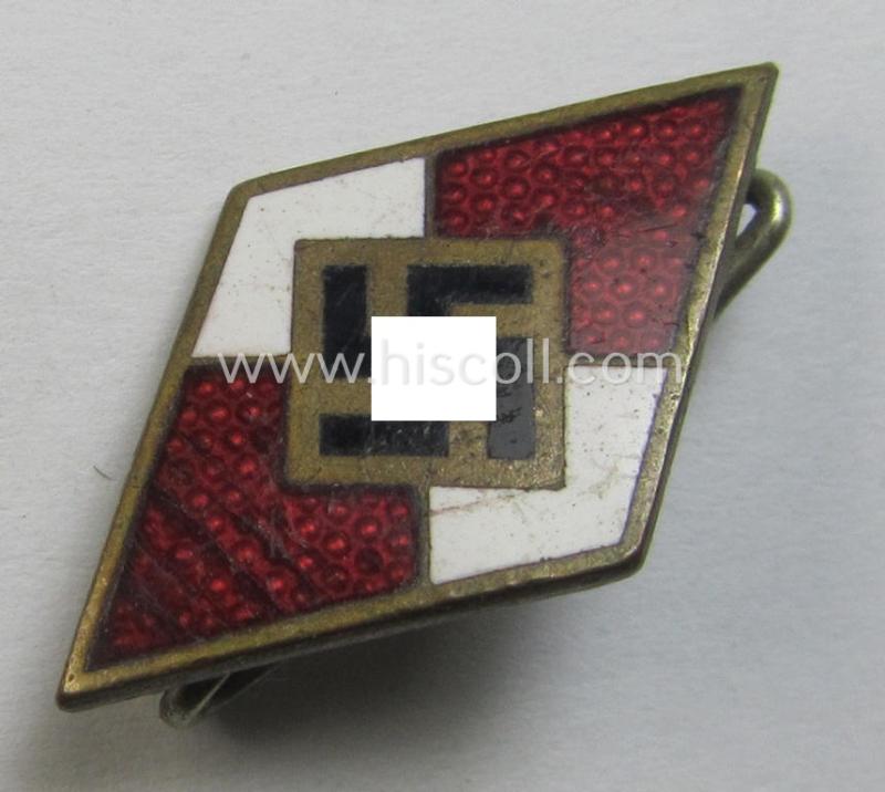 Moderately worn, HJ (ie. 'Hitlerjugend') enamelled lapel-pin (ie.: 'Raute') being a bright-red-coloured- and/or detailed - and non-cleaned and untouched! - example showing an: 'RzM - M1/13'-makers'-designation