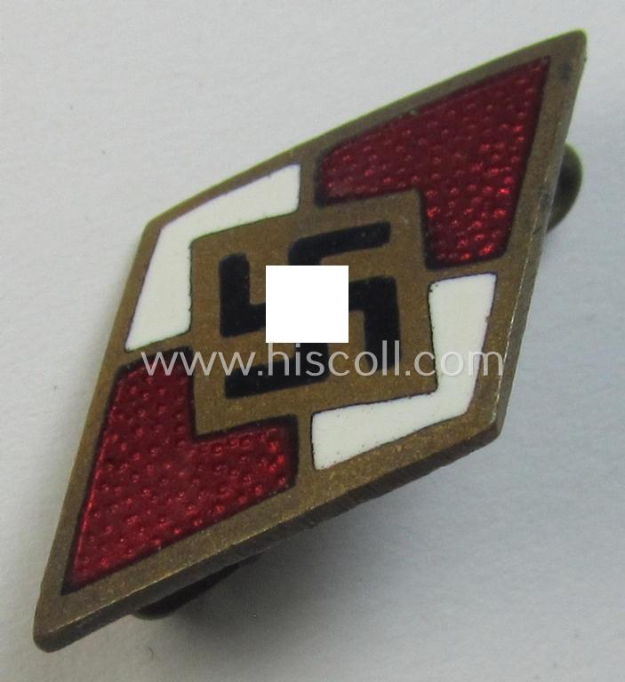 Moderately worn, HJ (ie. 'Hitlerjugend') enamelled lapel-pin (ie.: 'Raute') being a bright-red-coloured- and/or detailed - and non-cleaned and untouched! - example showing an: 'RzM - 44'-makers'-designation