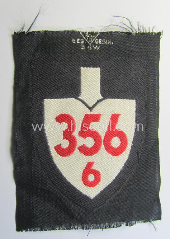 Attractive, 'BeVo'-woven, enlisted-mens'- (ie. NCOs'-) pattern so-called: RAD (ie. 'Reichsarbeitsdienst') sleeve-badge (or: 'Dienststellenabzeichen') bearing the specialist- ie. unit-designation that reads: '356/6'