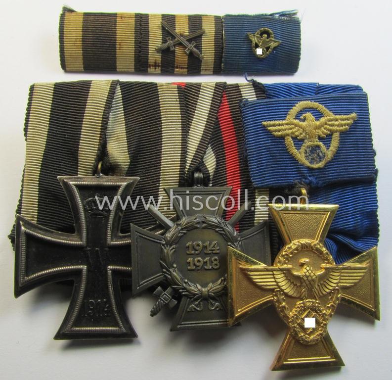 Three-pieced 'WWI- o. Polizei'-related medal-bar- (ie. 'Ordenspange'-) set resp. depicting a WWI-period: 'EK II.Kl.', a: 'FKK 1914-18' and a: 'Polizei-DA 1. St.' (and that comes with its accompanying 'Band-/Feldspange'!)