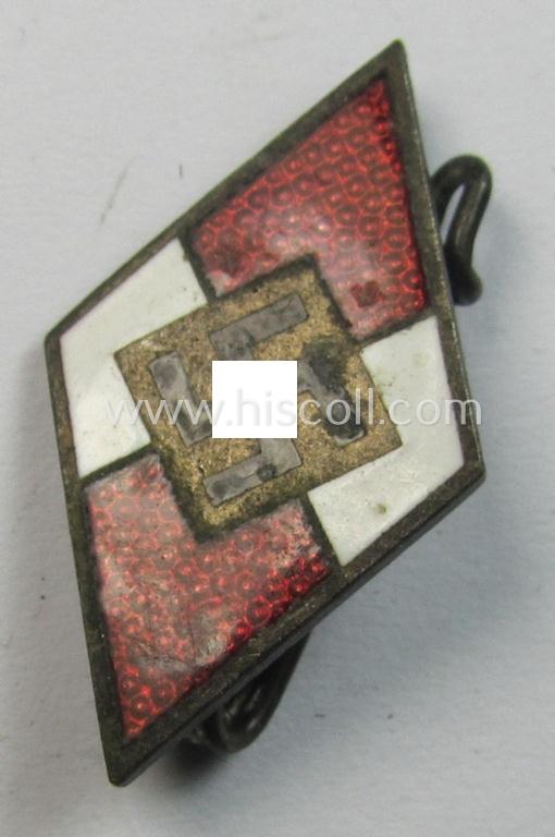 Moderately worn, HJ (ie. 'Hitlerjugend') enamelled lapel-pin (ie.: 'Raute') being a bright-red-coloured- and/or detailed - and non-cleaned and untouched! - example showing an: 'RzM - M1/93'-makers'-designation