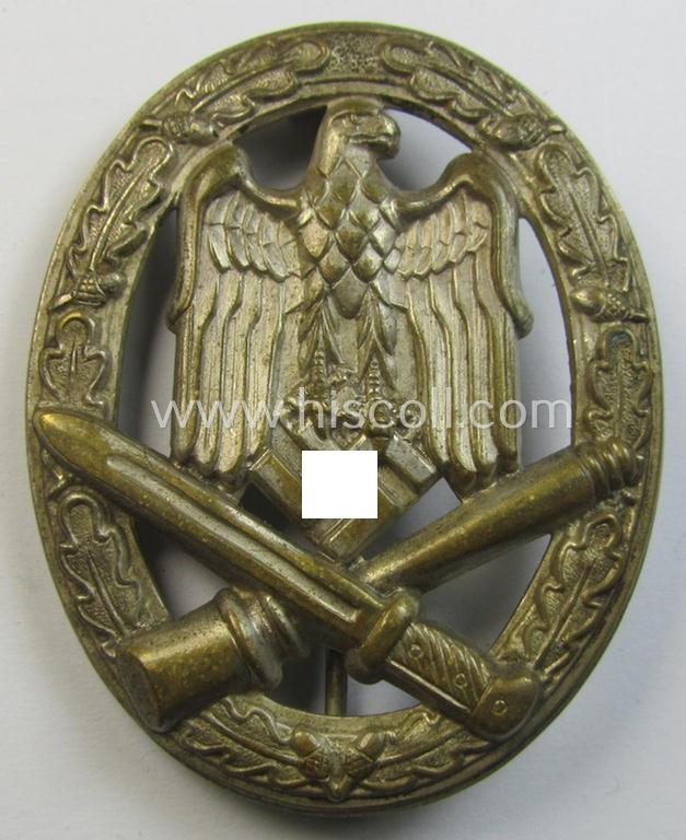 Superb - and moderately worn! - 'Allgemeines Sturmabzeichen' (or: General Assault Badge ie. GAB) being an unmarked, 'Buntmetall'-based- and/or 'hollow-back'-specimen as was produced by the: 'Wilhelm Deumer'-company