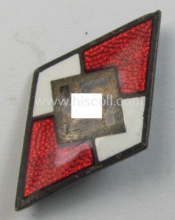 Neat - and scarcely found! - HJ (ie. 'Hitlerjugend') enamelled pin (ie.: 'Raute') as was specifically intended for insertion into the 'HJ-Fahrtenmesser' being a bright-red-coloured example showing an: 'RzM - M1/8'-makers'-designation on its back