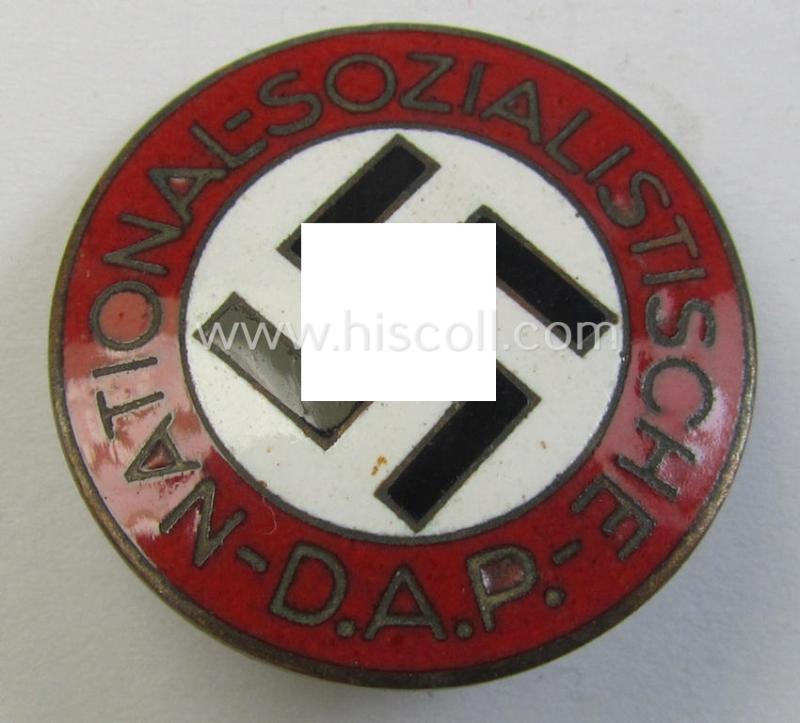 Attractive - bright-red-coloured and nicely preserved! - 'N.S.D.A.P.'-membership-pin- ie. party-badge (or: 'Parteiabzeichen') which is maker-marked on its back with the makers'-designation: 'RzM' and/or: 'M1/136'