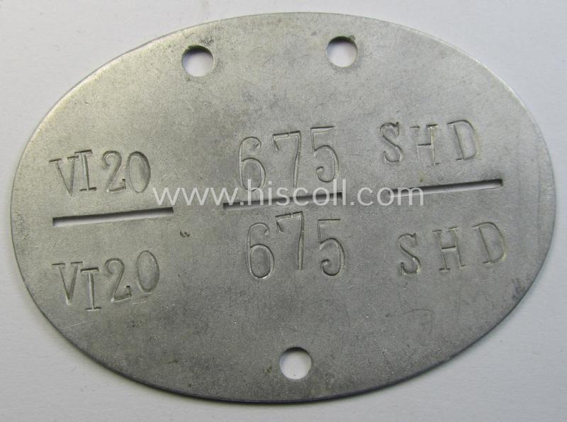 Neat - and truly unusually found! - aluminium-based, WH (Luftwaffe) ie. 'SHD'- (ie. 'Sicherheits- u. Hilfsdienst'-) related ID-disc bearing the clearly stamped unit-designation: 'VI20 675 SHD' and that comes as issued and/or worn