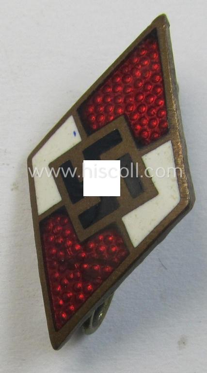 Moderately worn - early period! - HJ (ie. 'Hitlerjugend') enamelled lapel-pin (ie.: 'Raute') being a bright-red-coloured- and/or detailed - and non-cleaned and untouched! - example that is void of a makers'-designation