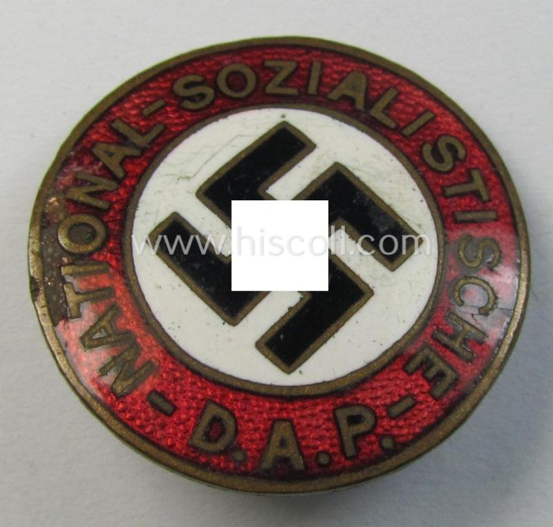 Neat - bright-red-coloured and surely early-period! - 'N.S.D.A.P.'-membership-pin- ie. party-badge (or: 'Parteiabzeichen') which is totally void of a makers'- nor patent-pending- (ie. 'Ges.Gesch.'-) designation