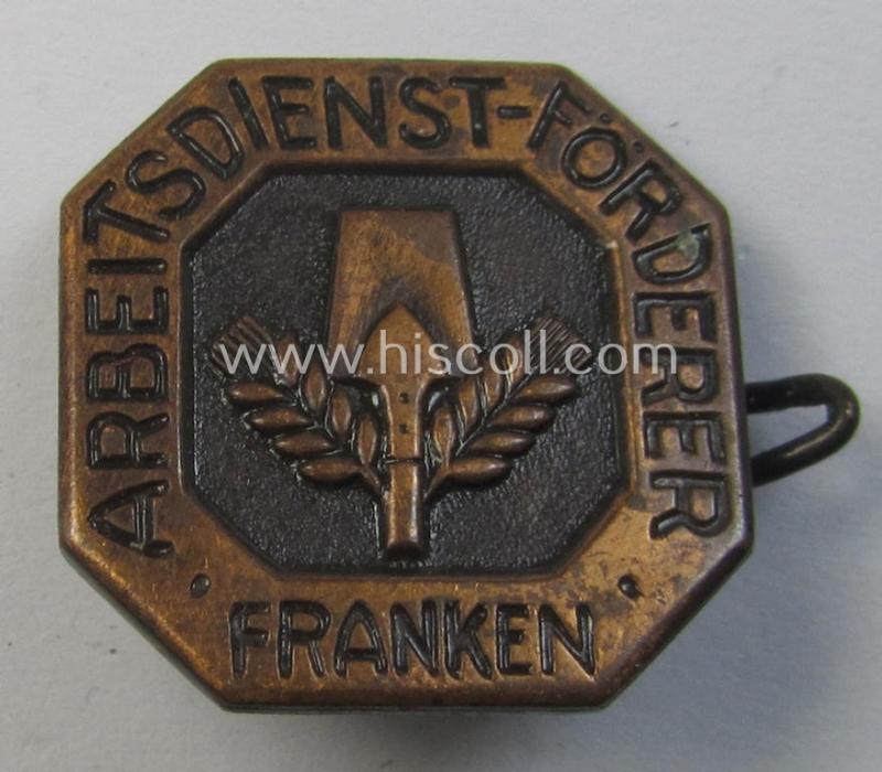 Attractive, N.S.A.D.- (ie. 'N.S.-Arbeitsdienst'-) related membership lapel-pin for supportive members in the province Franken (ie. 'Mitgliedsabzeichen für förderende Mitglieder') being a maker- (ie. 'RzM - 14'-) marked example