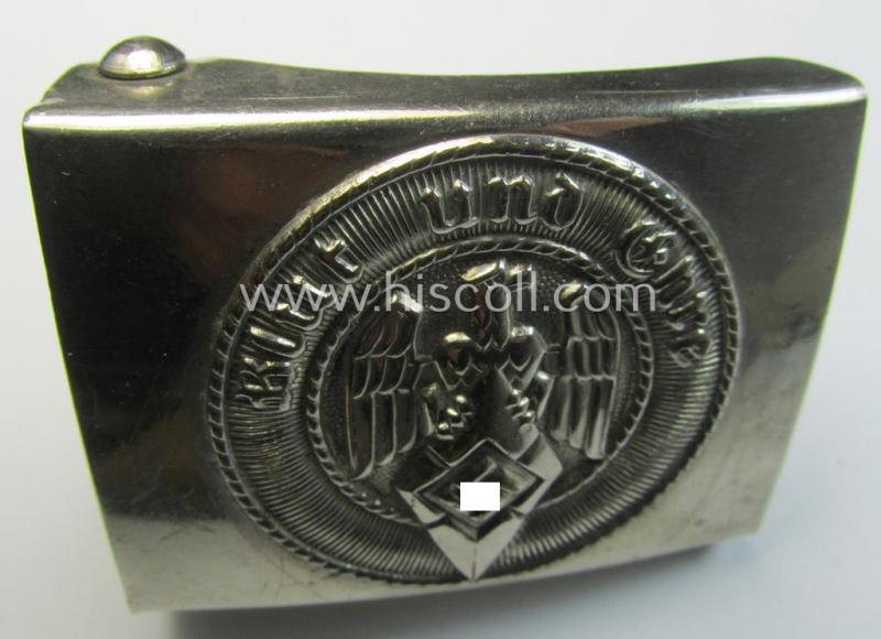 Attractive, HJ (ie. 'Hitlerjugend') bright-silver-coloured- (ie. nickle-chrome-based and early-pattern) belt-buckle being a neatly maker- (ie. 'RzM M4/39'-) marked example that comes in a just moderately used- ie. worn, condition