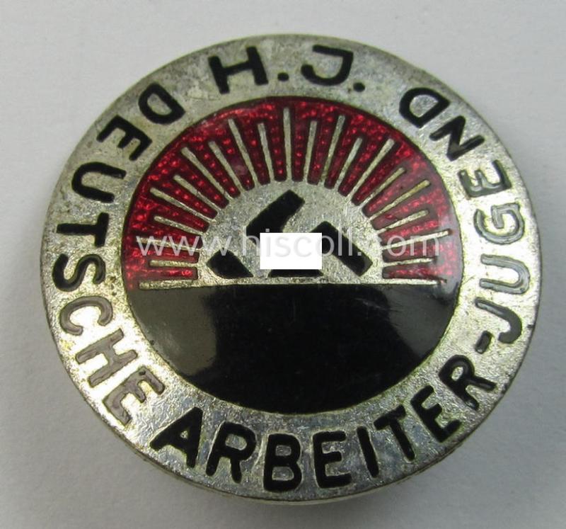 Neat - and hardly used! - multi-coloured enamelled 'HJ-Mitgliedsabzeichen' as intended to signify membership within the: 'HJ' (or: 'Hitlerjugend') before June 1932 (being a badge of the 1st pattern that is void of a makers'-designation)